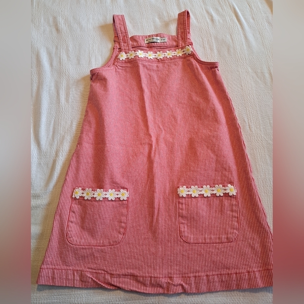 Mini Boden girls 9-10 years red & white striped jean jumper with Daisy trim VGUC